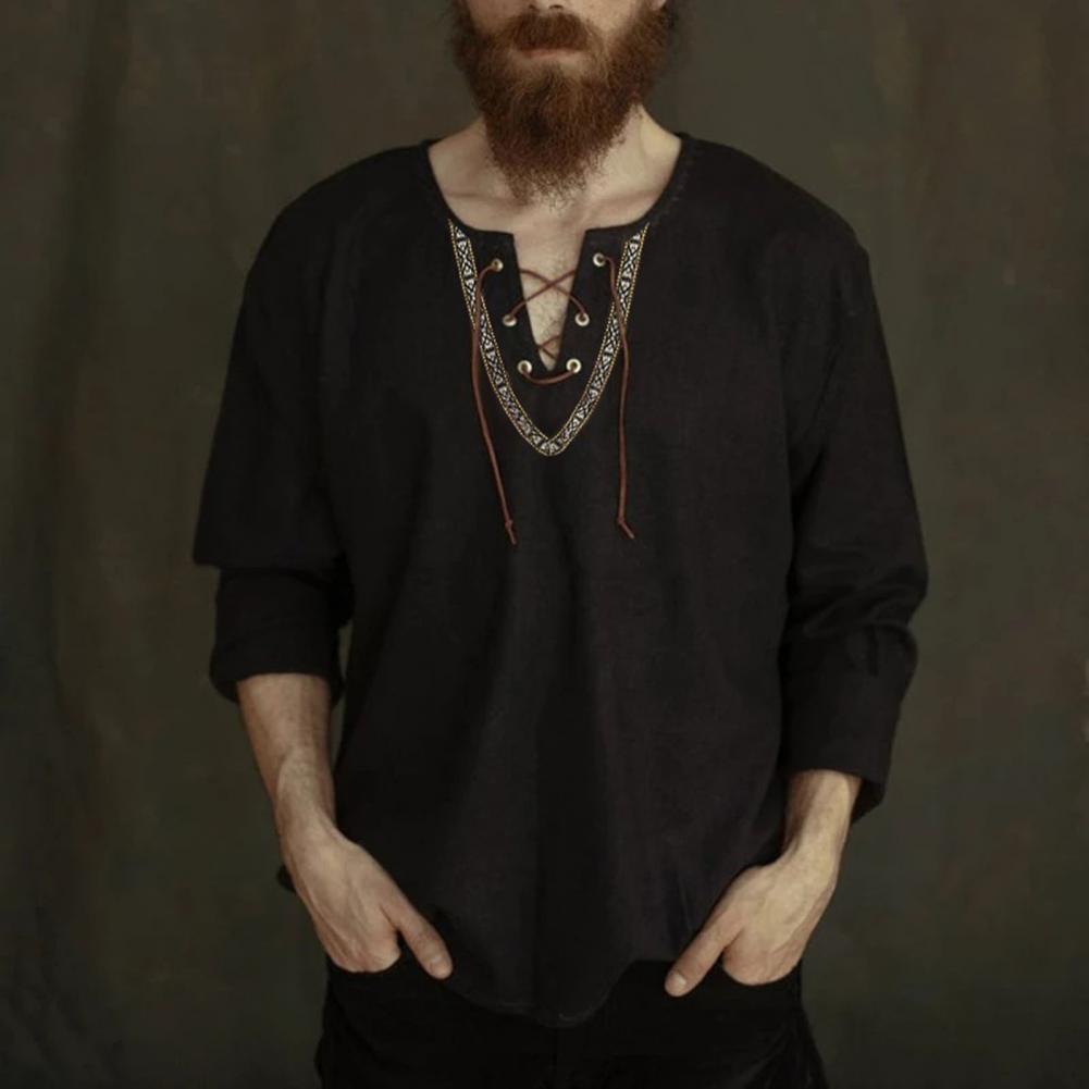 Men's Casual Shirts shirt Pullover Fashion Vintage Thin Long Sleeve Top Breathable Viking Front Lace Up camisas de hombre 230130