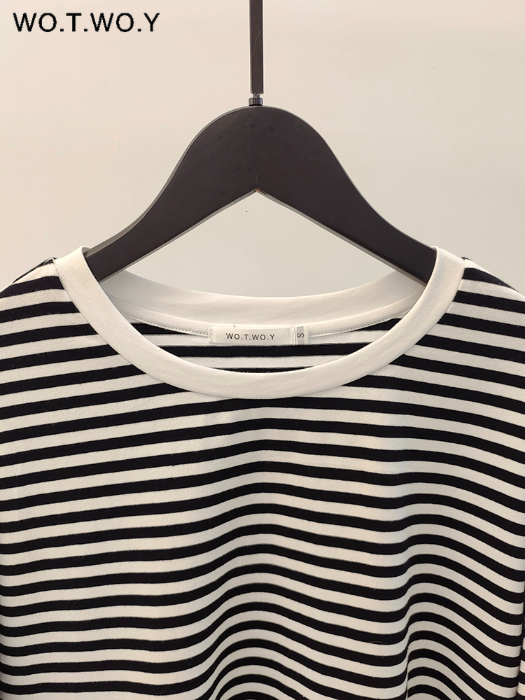 Women's TShirt WOTWOY Early Autumn Long Sleeve Striped Tshirt Women Casual Cotton Loose Basic Tee Shirt Female Cozy Soft Tops Harajuku 230130