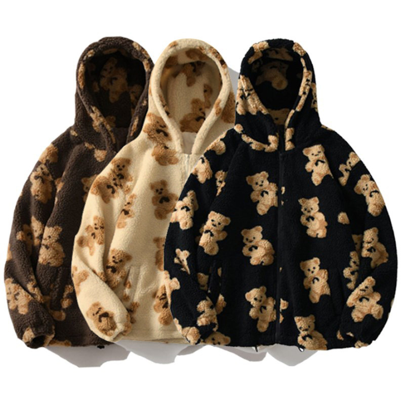 Women's Jackets Harajuku Bear Teddy Print Plush Jacket Women Winter Female Korean Fluffy Hooded Coat Thick Warm Couple Streetwear Outerwear 23013