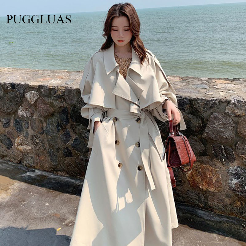 Women's Trench Coats Korea Loose Oversize Double-Breasted Long Trench Coat Women White Black Duster Coat Windbreaker Lady Outerwear Autumn Clothe
