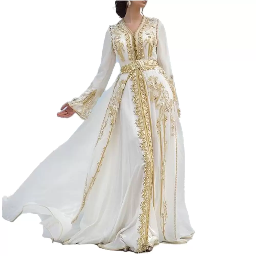 Elegant Arabic Moroccan Kaftan Formal Evening Dresses Gold Lace Appliques Long Sleeves Chiffon A Line Muslim Special Occasion Gowns Crystals Beads Dub