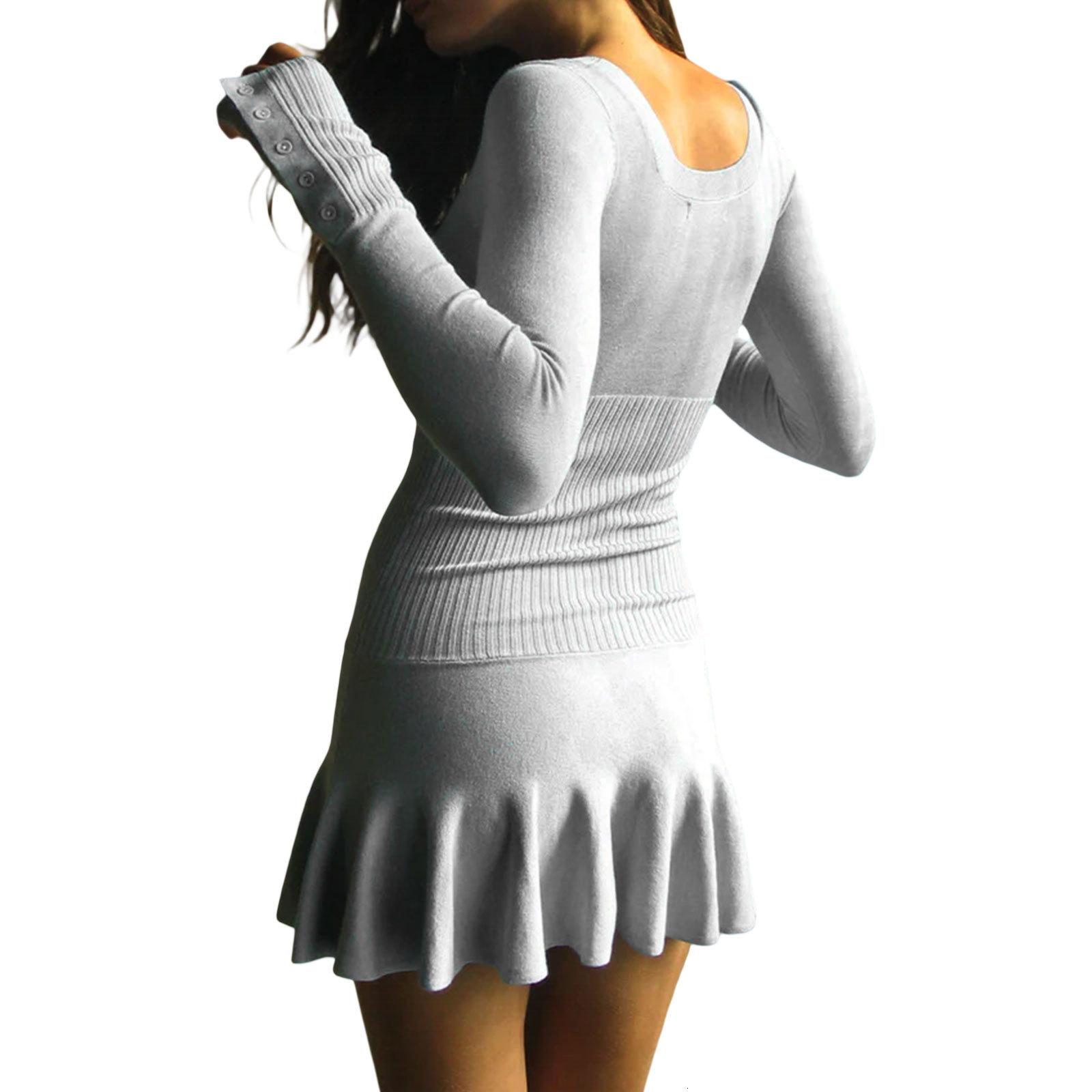 Casual Dresse's Ribbed Knit Mini Long Sleeve Solid Color Button Slim d for Spring Autumn 230130