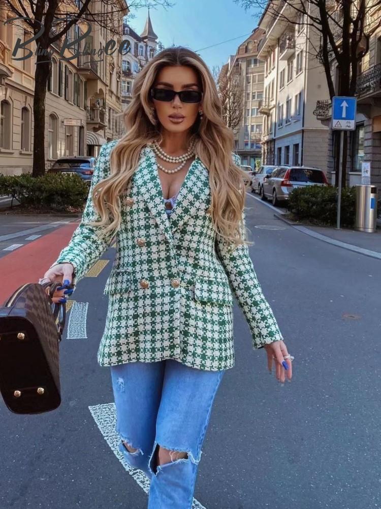 Women's Suits Blazers BlingBlingee Spring Women Traf Jacket Ornate Button Tweed Woolen Coats Female Casual Thick Green Blazers Blue Outerwear 230