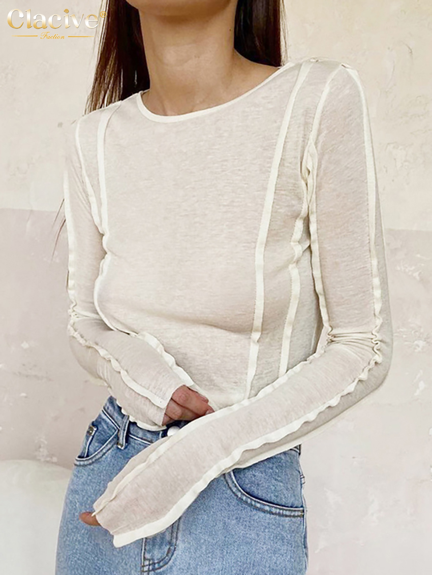 Women's T-Shirt Clacive Bodycon White O-Neck Women'S T-Shirt Elegant Yellow Long Sleeve Fall Tee Shirt Casual Slim Elastic Solid Top Female 