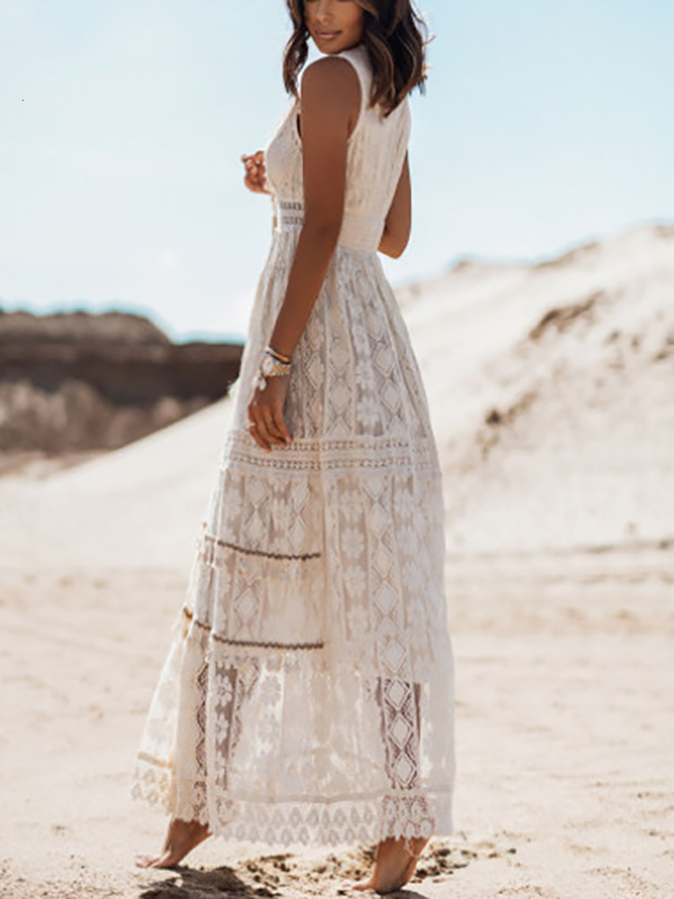 Casual Dresses Lace Dres White Summer Sleeveless Vintage Spaghetti Strap Ladies Hollow Out Beach Long Robe Longue 2023 230130