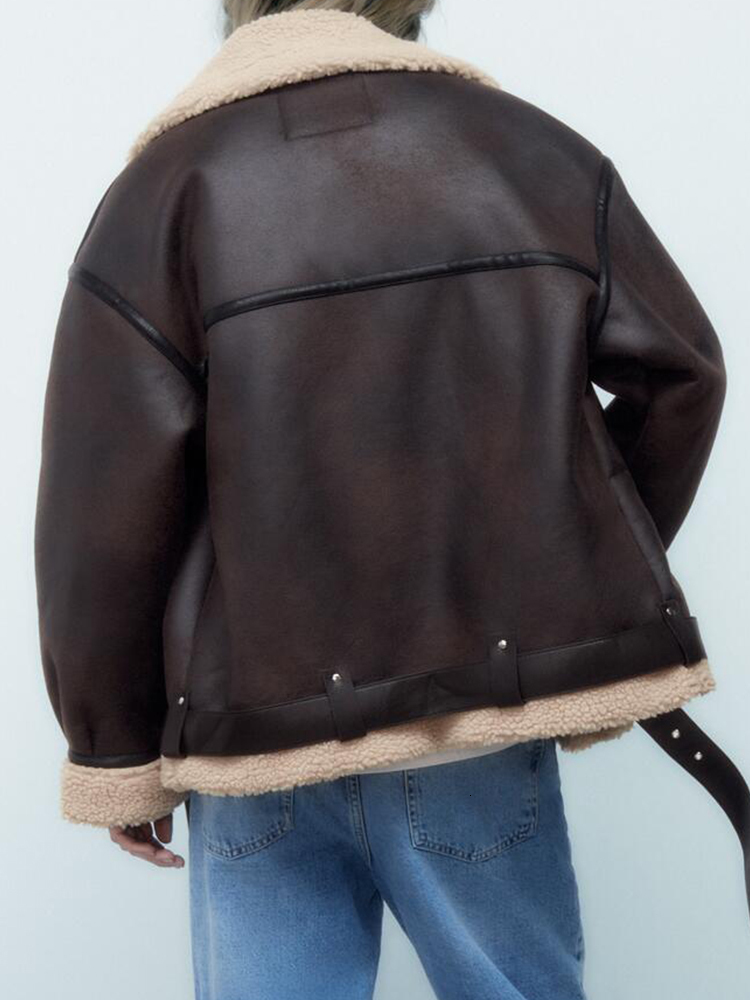 Women's Leather Faux Leather Ailegogo Autumn Winter Women Faux Lamb Fur Thick Warm Jacket with Belt Streetwear Female Zipper Loose Moto Biker Coa