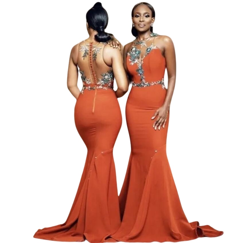 Burnt Orange Mermaid Bridesmaid Dresses ASO EBI African Appliques Beads With Button Covered Back Trumpet maid of Honor Gowns Plus Size