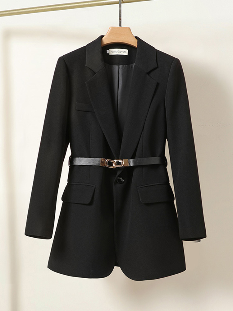 Womens Suits Blazers FTLZZ Spring Autumn Elegant Women Notched Collar Single Breasted Office Lady Long Sleeve Solid Coat with Belt 230130