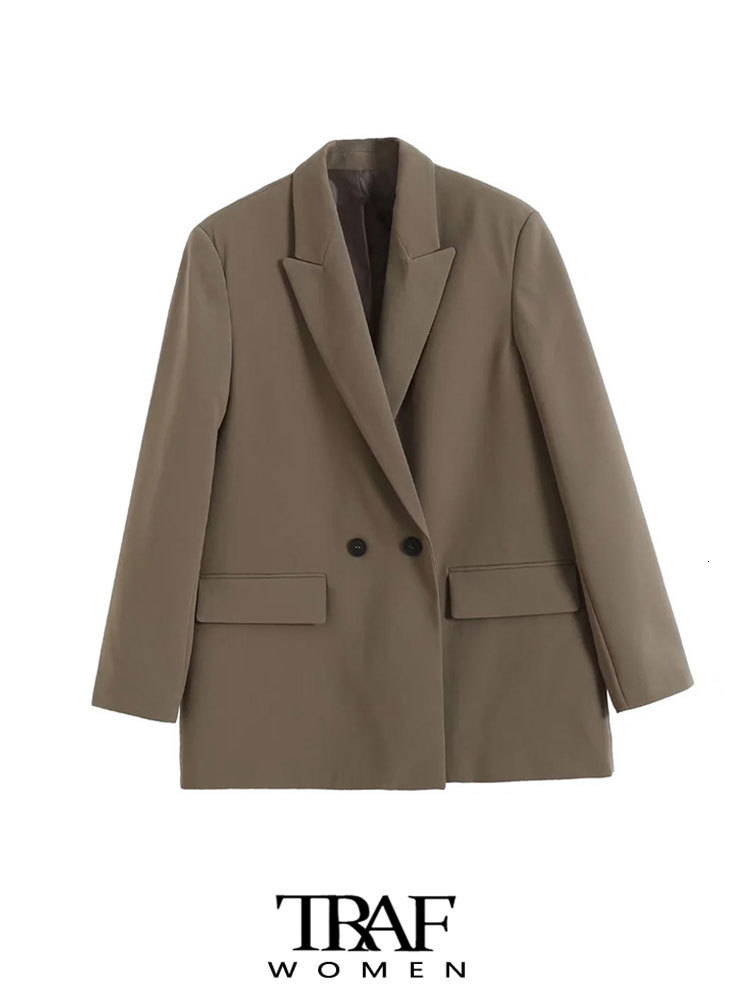 Women's Suits Blazers TRAF Women Fashion Double Breasted Loose Fitting Blazer Coat Vintage Long Sleeve Pockets Female Outerwear Chic Veste Femme 