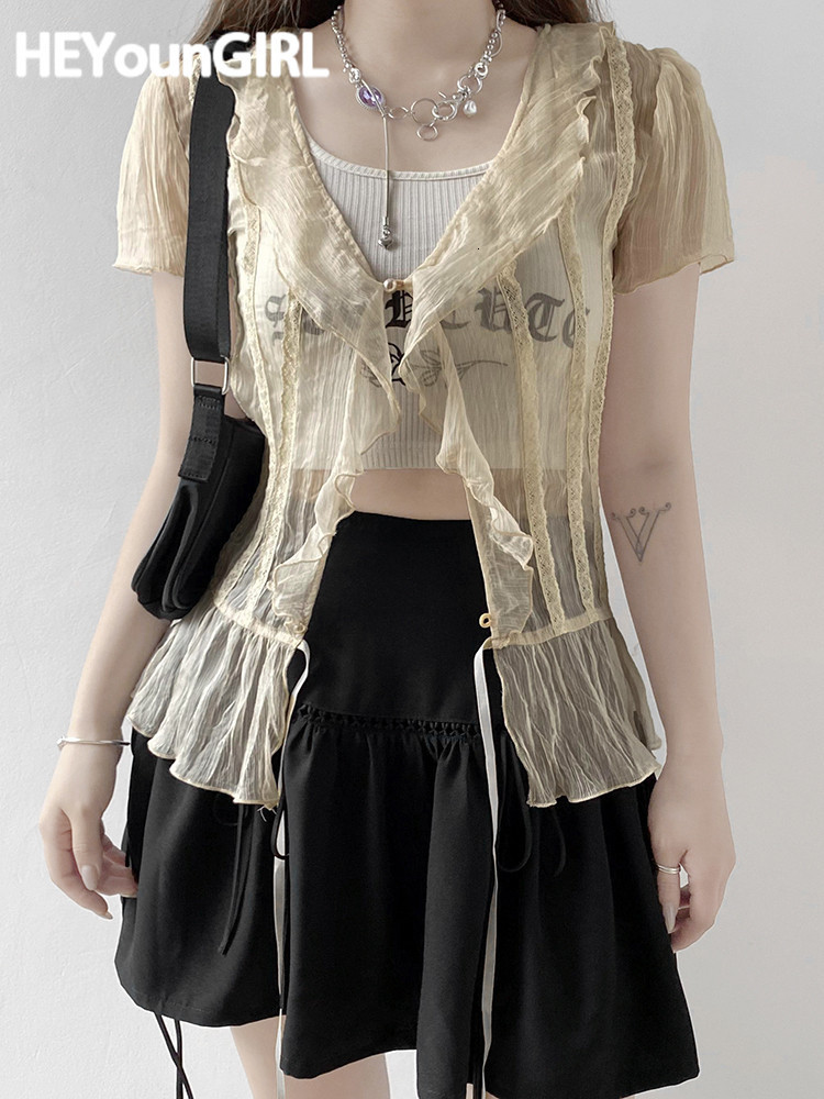 Women's TShirt HEYounGIRL Mesh Transparent Short Sleeve Tshirt Ladies Summer See Through V Neck Ruffles Tee Women Drawstring T 230130