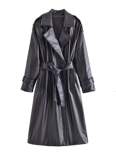 Women's Trench Coats TRAF Women Fashion With Belt Faux Leather Trench Coat Vintage Long Sleeve Flap Pockets Female Outerwear Chic Overcoat 230130