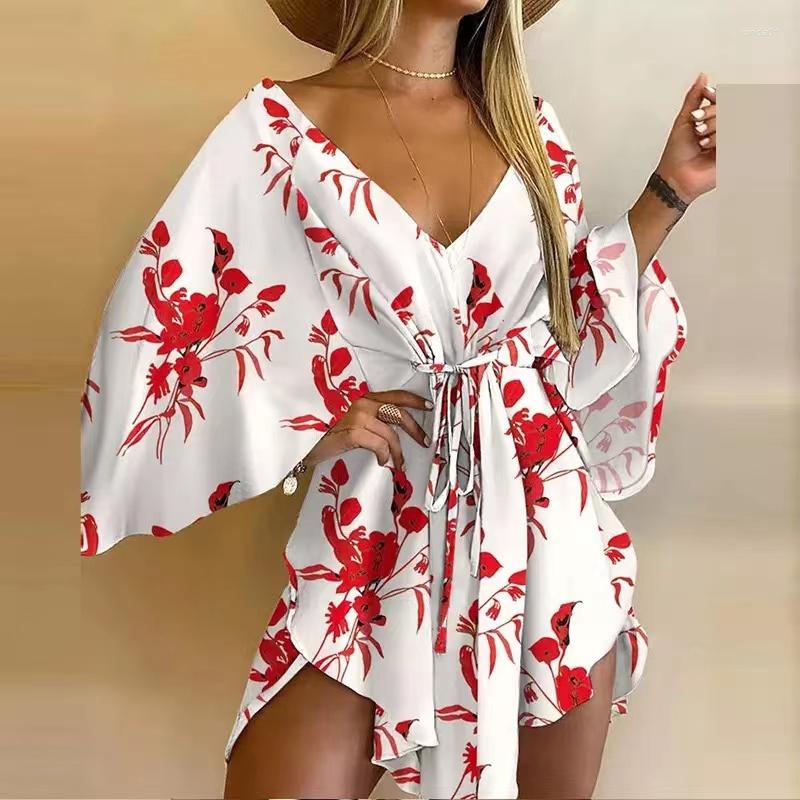 Casual Dresses Women Sexy V Neck Lace-up Floral Print Mini Dress Flared Sleeves Ladies Party Summer Beach Elegant AAA Discount for in-store purchases
