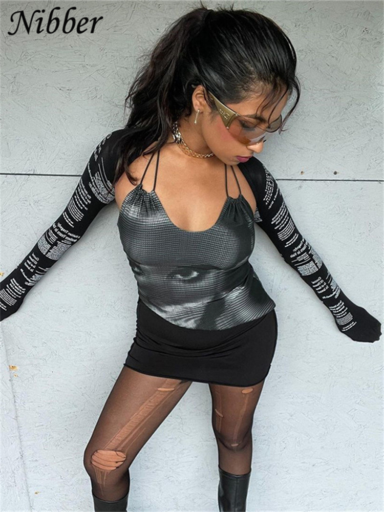 Women's TShirt Nibber TwoPiece Fashion Letter Art Portrait Printing Camisole Short LongSleeved For Women Street Style Out Commute 230130