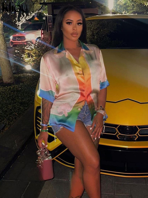 Women's TShirt Kliou Gradient Panelled Print Shirt Women Hipster Turndown Collar Short Sleeve Summer Button Loose Casual Tees Lady Street Tops 23