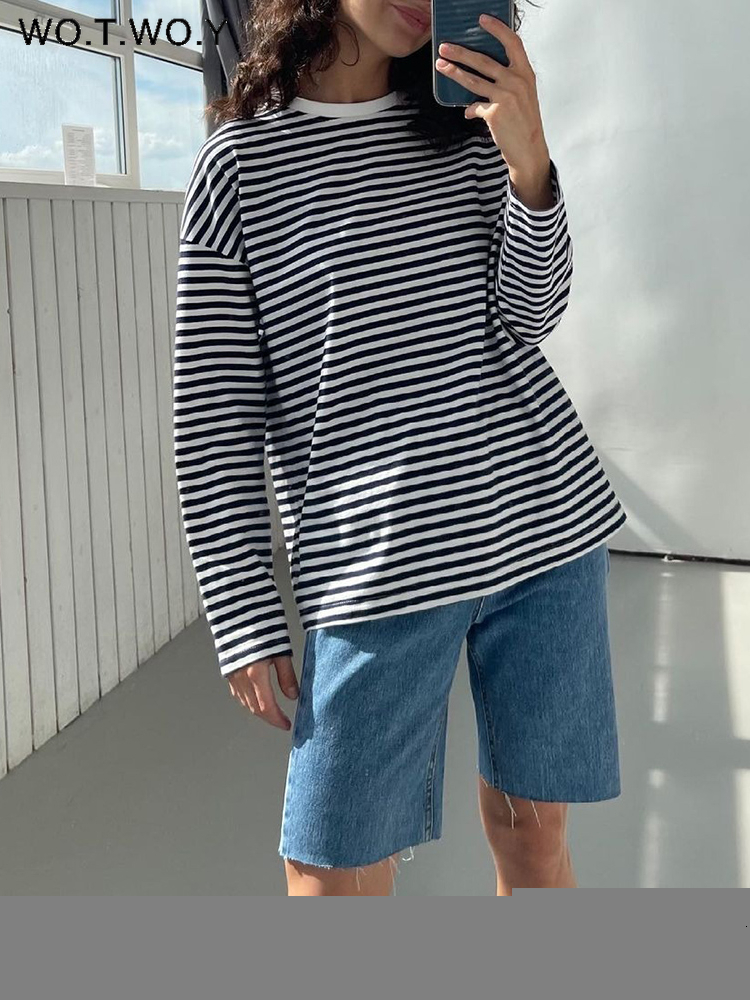 Women's TShirt WOTWOY Early Autumn Long Sleeve Striped Tshirt Women Casual Cotton Loose Basic Tee Shirt Female Cozy Soft Tops Harajuku 230130