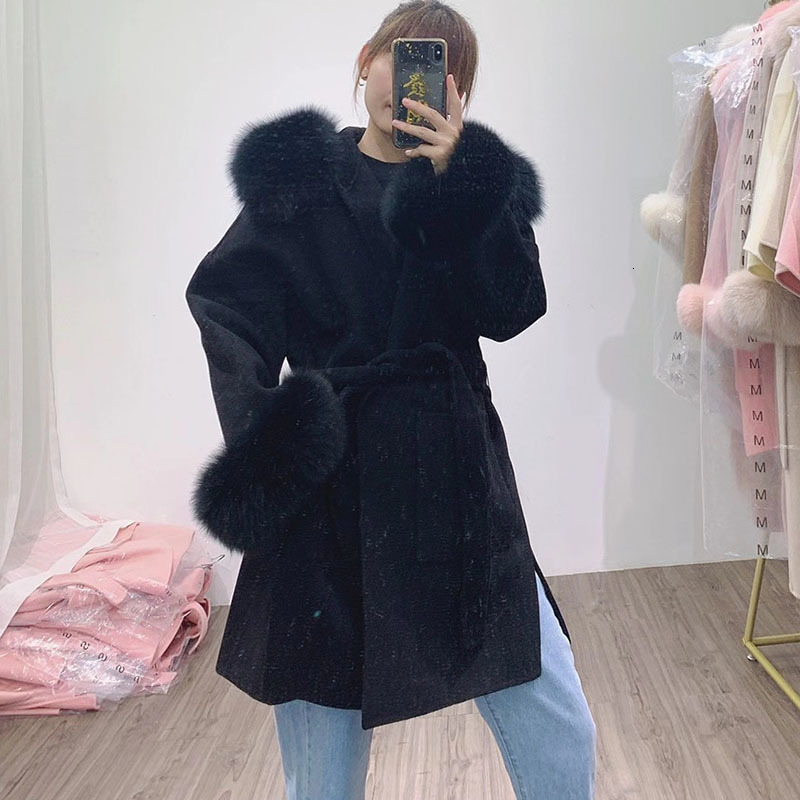 Women's Wool Blends Loose Hooded Wool Blended Autumn Coat Women With Real Fur Hood Trim Women Long Sleeve Female Wool Jacket With Hood With Fur 2