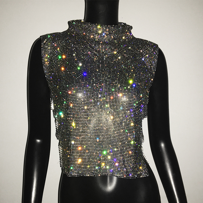 Women's TShirt Sexy Backless Party Crop Top Women Glitter Turtleneck Adjustable Metal Chain Summer Nightculb Diamond Tank 230130