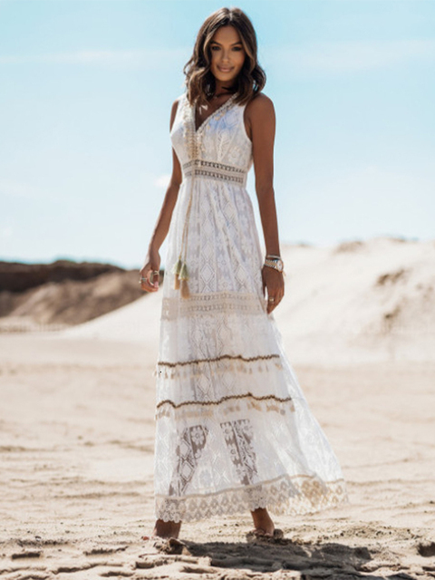 Casual Dresses Lace Dres White Summer Sleeveless Vintage Spaghetti Strap Ladies Hollow Out Beach Long Robe Longue 2023 230130