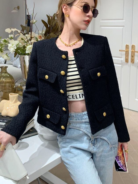 Women's Jackets Autumn Winter Small Fragrant Tweed Jacket Coat Women Vintage Woolen Short Coats Streetwear Elegant Casual Slim Outwear Crop Top 2
