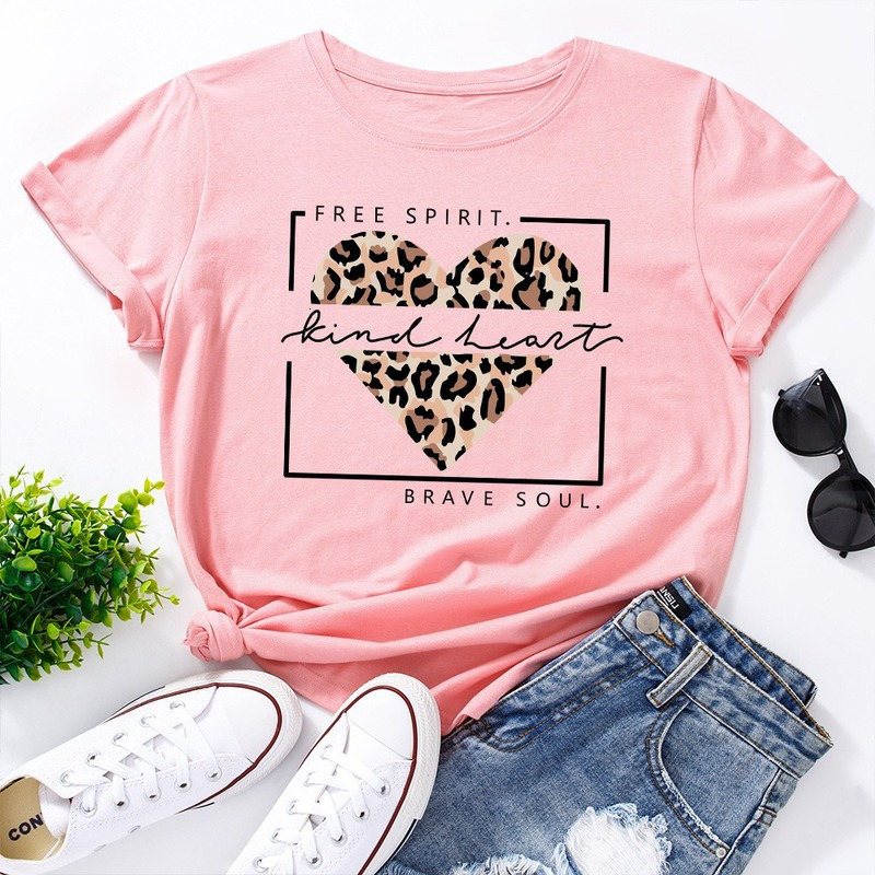 Women's TShirt Summer Cotton Women Fashion Tshirts Leopard Heart Print Short Sleeve Clothes Vintage Ladies Tee Tops Female ONeck TShirts 230130
