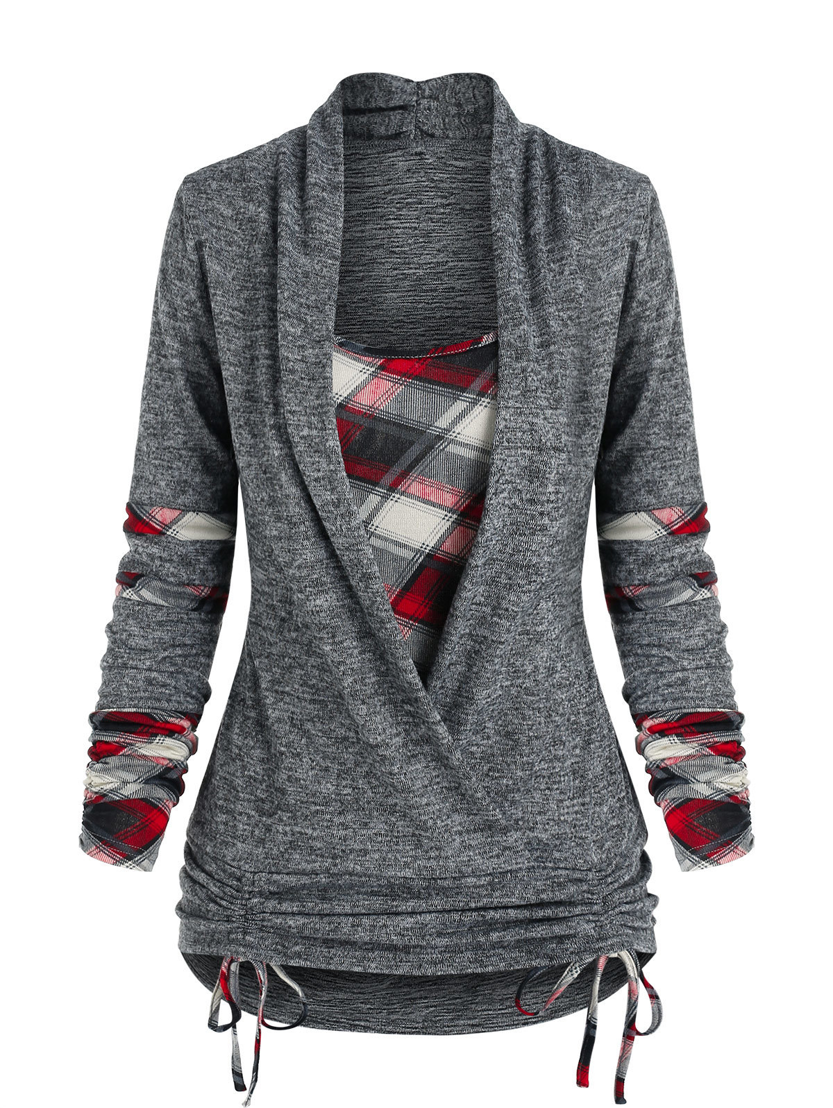 Women's TShirt Plaid Print Cinched Heathered Faux et Tshirt Women 2 In 1 Tee Twofer Long Sleeve T Shirts 230130
