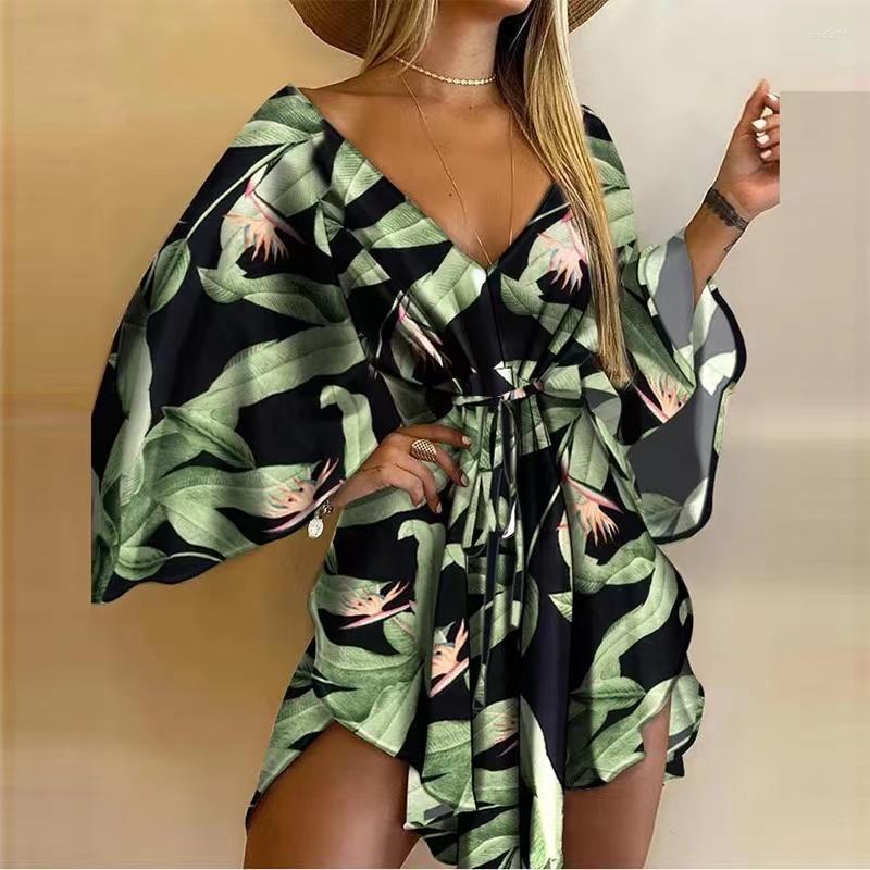 Casual Dresses Women Sexy V Neck Lace-up Floral Print Mini Dress Flared Sleeves Ladies Party Summer Beach Elegant AAA Discount for in-store purchases