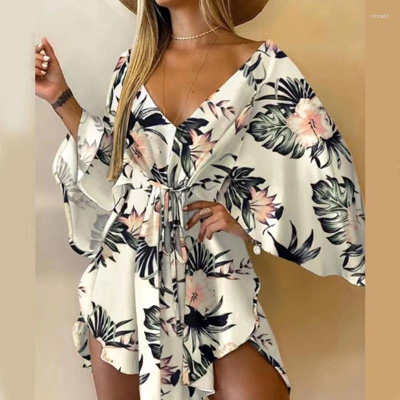 Casual Dresses Women Sexy V Neck Lace-up Floral Print Mini Dress Flared Sleeves Ladies Party Summer Beach Elegant AAA Discount for in-store purchases