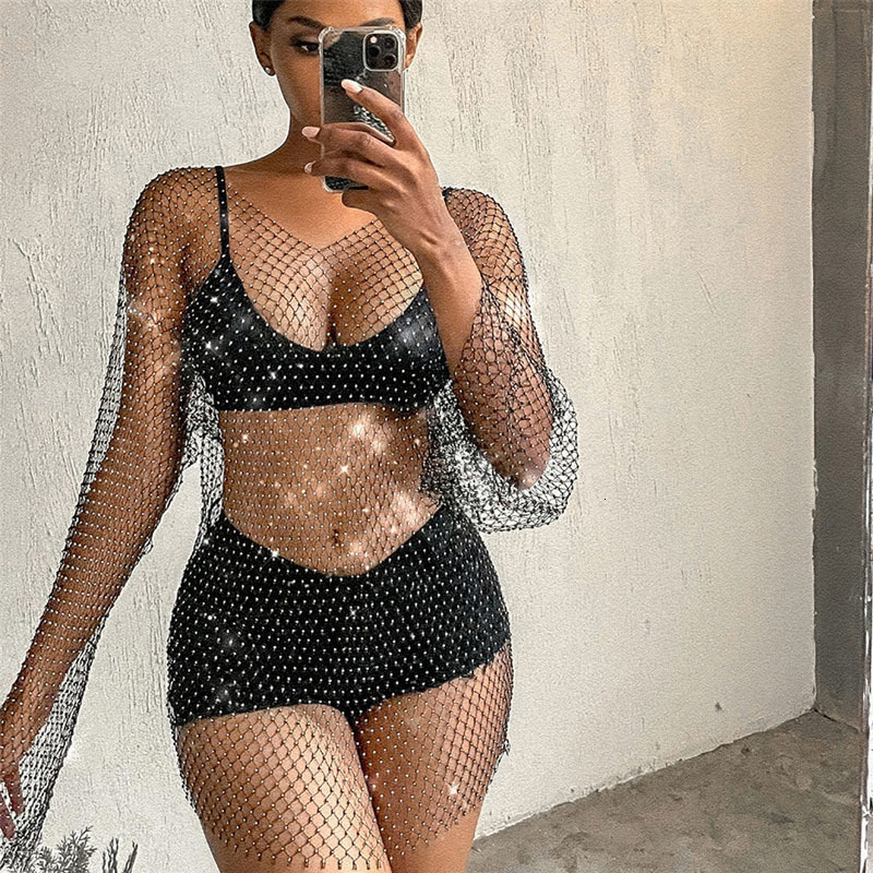 Casual Dresses Vintage Diamond Summer Women Sexy Bikini Cover Up Mesh Fishnet Swimsuit Swimwear Dress Bathing Beachwear Drop 230130