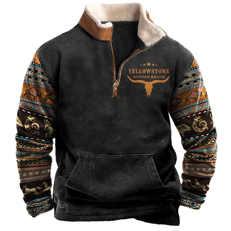 Men's Hoodies Sweatshirts Vintage Pattern Print Wool Lapel Men Casual Loose Long Sleeve Zipper Pullover 2023 Spring Mens Clothes Leisure Tops 230