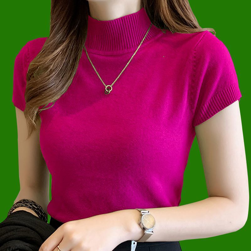 Women's TShirt Fashion Knitt Shortsleeved Tshirt Women Half Turtleneck Stretch Knitted Solid Casual Spring Summer Female Tops 230130