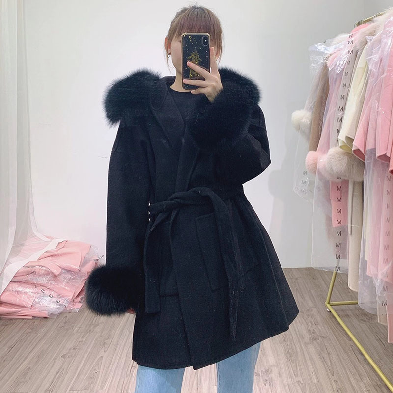 Women's Wool Blends Loose Hooded Wool Blended Autumn Coat Women With Real Fur Hood Trim Women Long Sleeve Female Wool Jacket With Hood With Fur 2