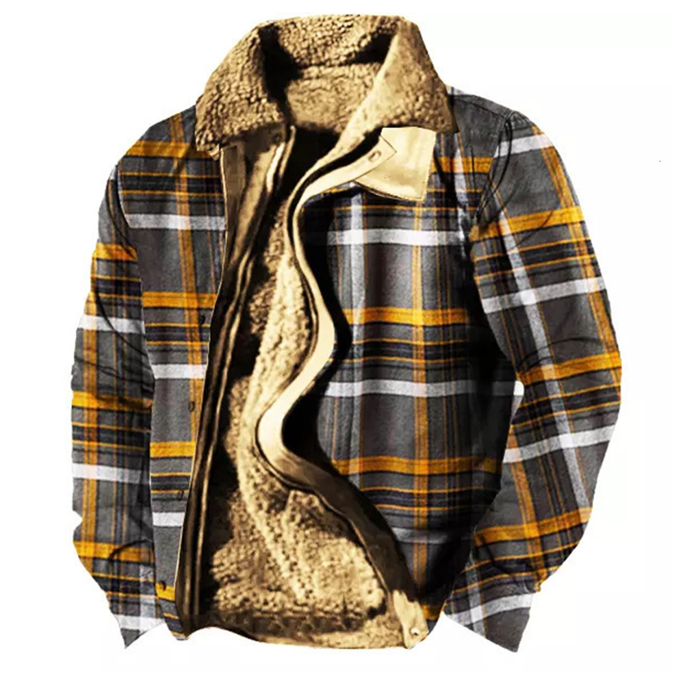 Men's Jackets Men Fleece Trucker Jacket Cotton Lapel Collar Tops Winter Warm Lining Coat Thicken Cardigan Vintage Print Outerwear A50 230130