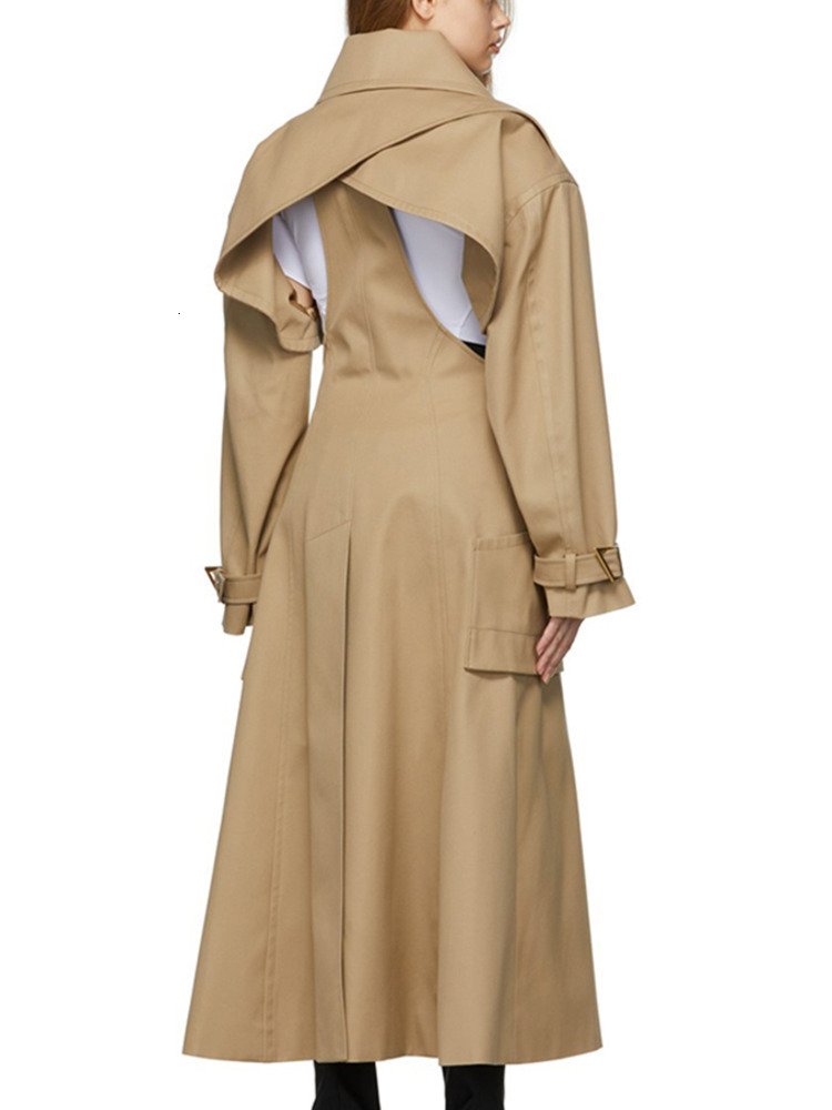 Women's Trench Coats DEAT Fashion Women's Trench Coat Laple Hollow Out Belt Deconstruct Long Sleeve Windbreaker Female Autumn 17A2730 230130