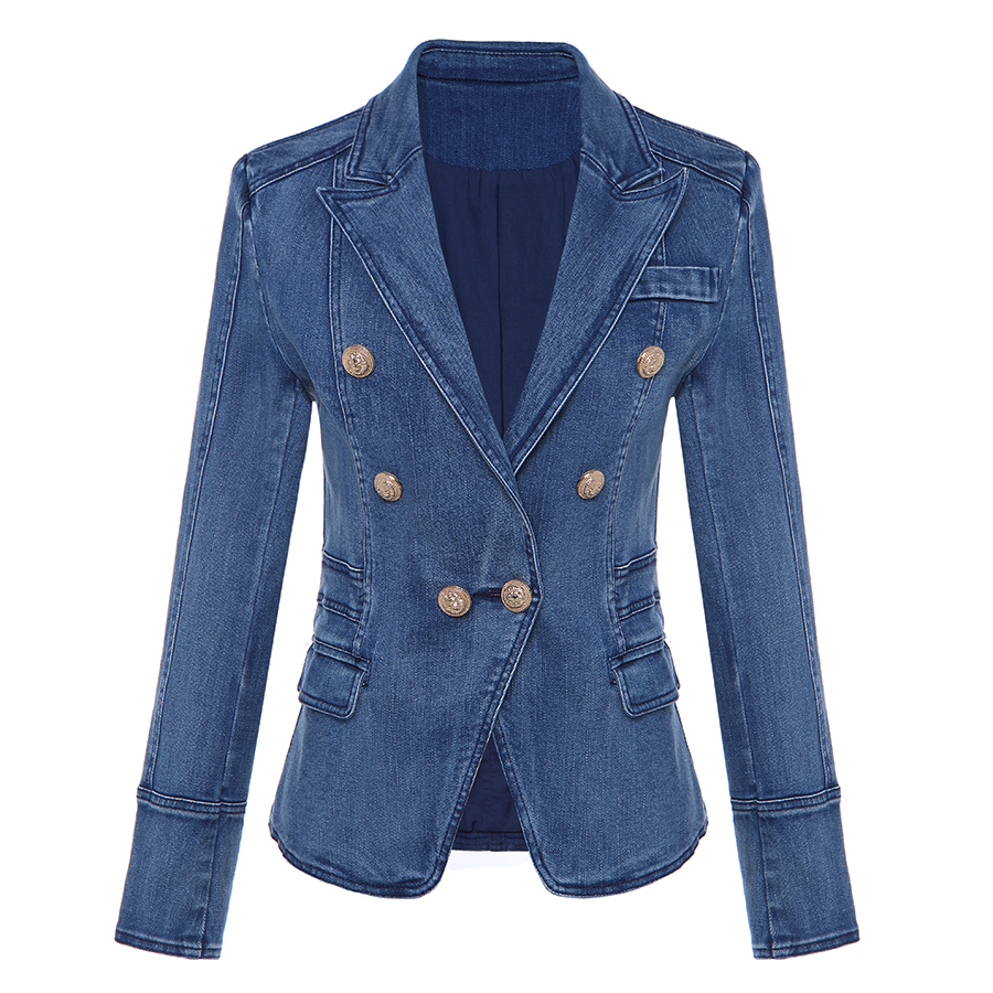 Womens Suits Blazers HIGH QUALITY Fashion Metal Lion Buttons Double Breasted Denim Jacket Outer Coat 230130
