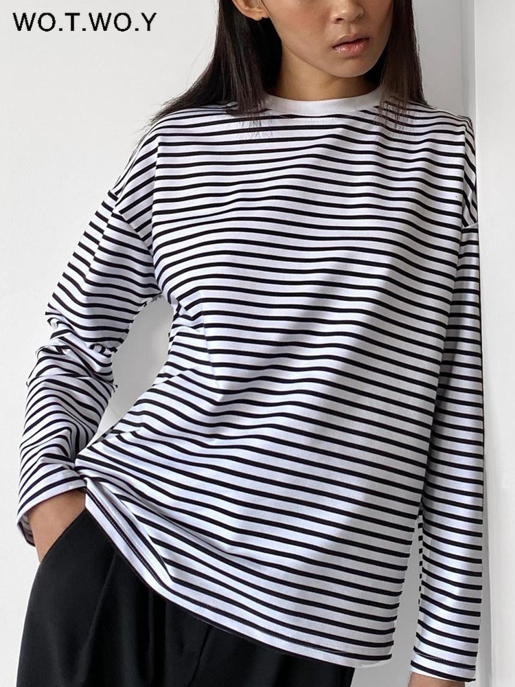 Women's TShirt WOTWOY Early Autumn Long Sleeve Striped Tshirt Women Casual Cotton Loose Basic Tee Shirt Female Cozy Soft Tops Harajuku 230130