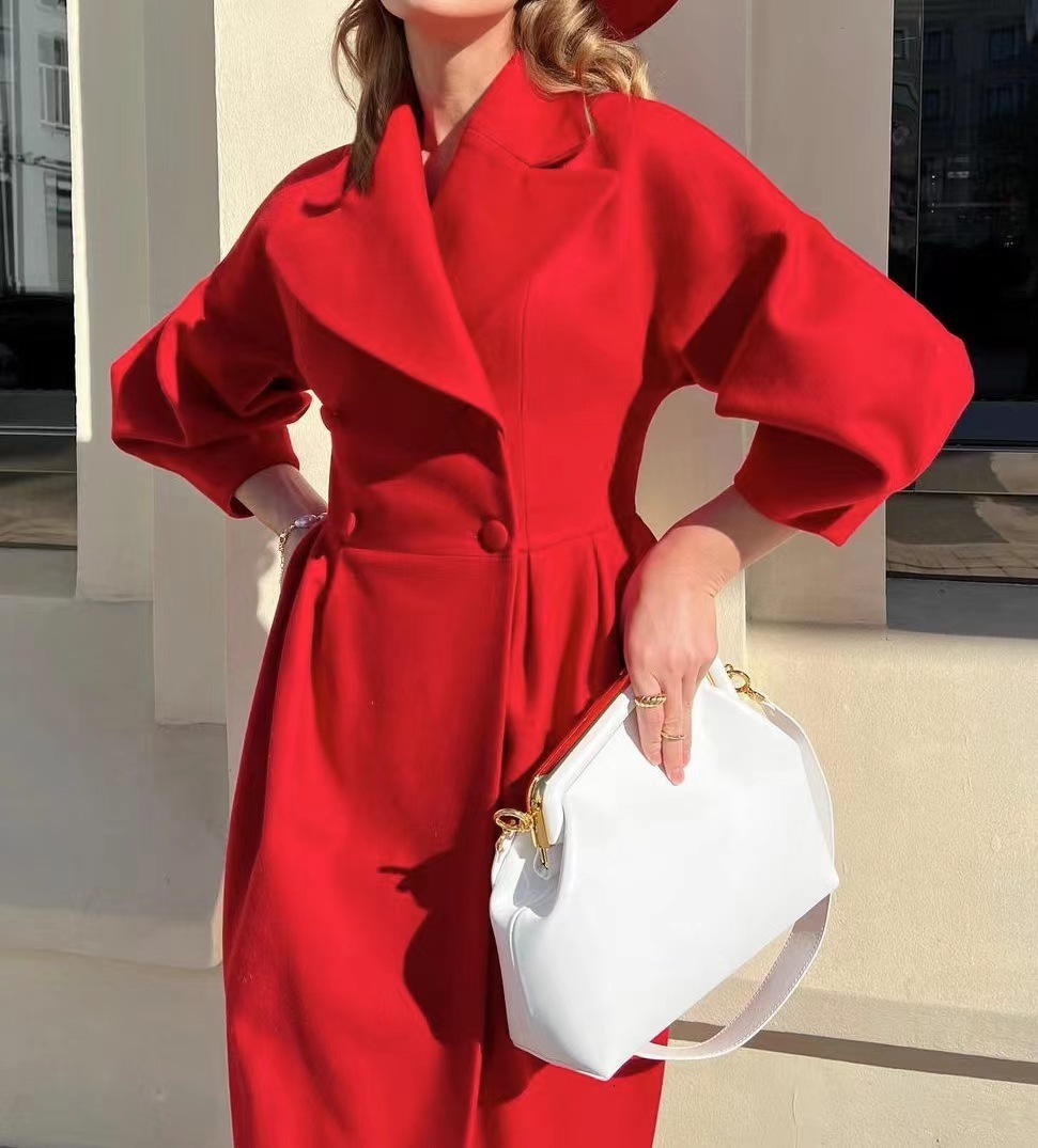 Women's Wool Blends Women Warm Lapel Lantern Sleeve Coat Autumn Double Breasted Elegant Outwear Street Fashion Lady Waisted Woolen Solid Coat Muj