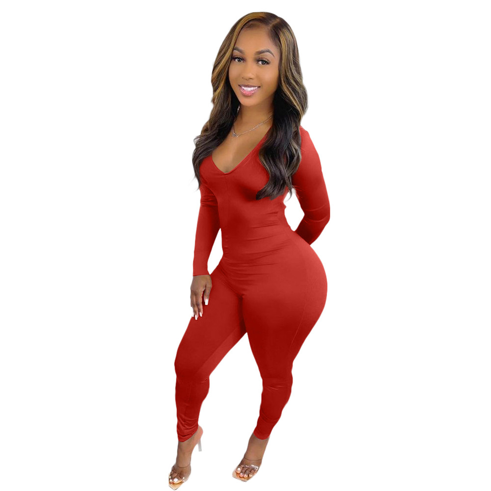 2023 Designer Jumpsuits Women Long Sleeve Bodycon Rompers Sexy V neck cut out Jumpsuits Skinny One Piece Outfits Casaul Overalls leggings Streetwear 9