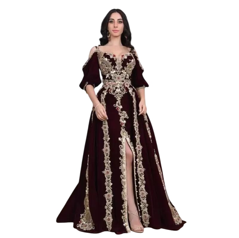 Burgundy Mermaid Moroccan Kaftan prom Dresses Half Sleeves Slit Front Lace Crystals Beads Arabic Dubai Occasion evening Dress gowns
