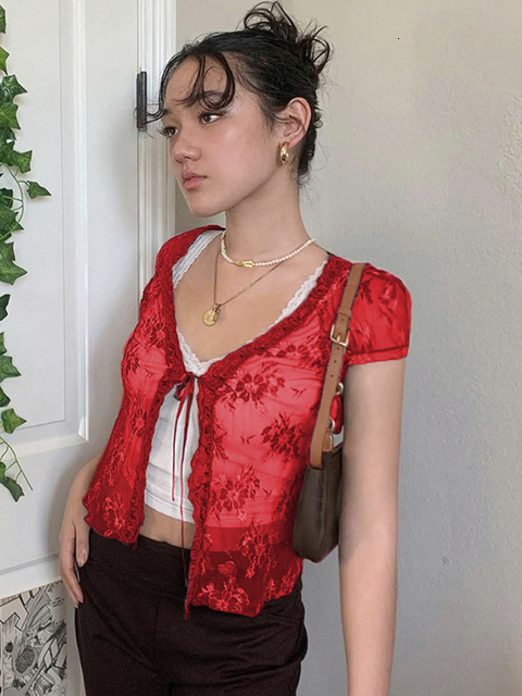 Women's TShirt HEYounGIRL Mesh Transparent Short Sleeve Tshirt Ladies Summer See Through V Neck Ruffles Tee Women Drawstring T 230130