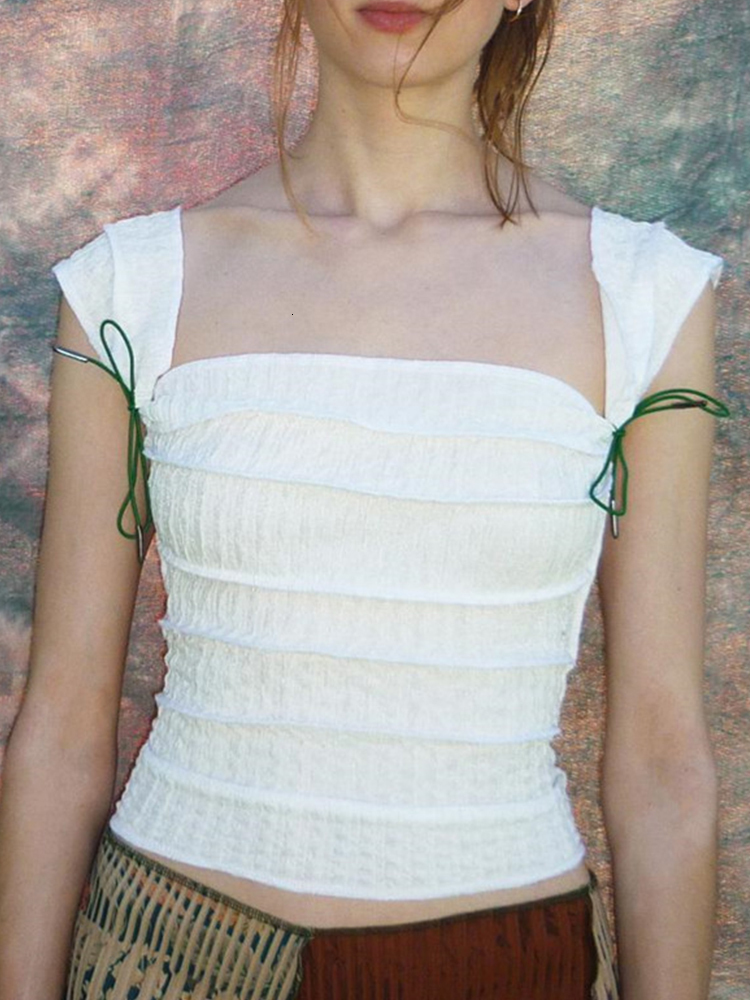 Women's TShirt Rapcopter Y2K Folds Bow Crop Top Cute Square Collar Short Sleeve T Shirt Retro Harajuku Basic French Tee Women Elegant Chic Tops 2