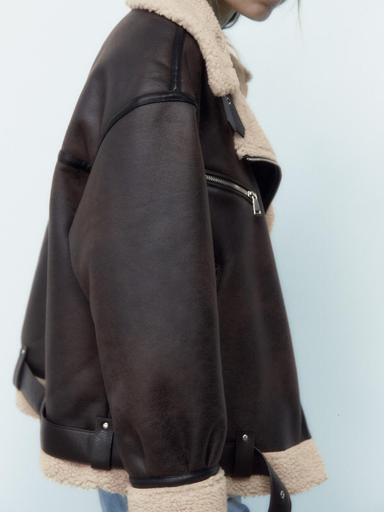 Women's Leather Faux Leather Ailegogo Autumn Winter Women Faux Lamb Fur Thick Warm Jacket with Belt Streetwear Female Zipper Loose Moto Biker Coa