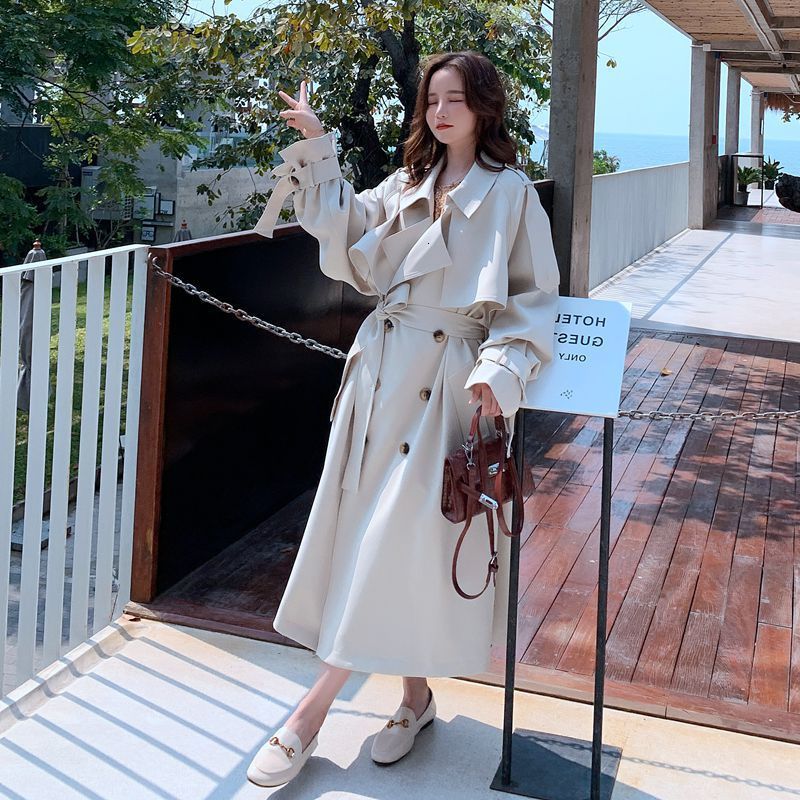 Women's Trench Coats Korea Loose Oversize Double-Breasted Long Trench Coat Women White Black Duster Coat Windbreaker Lady Outerwear Autumn Clothe