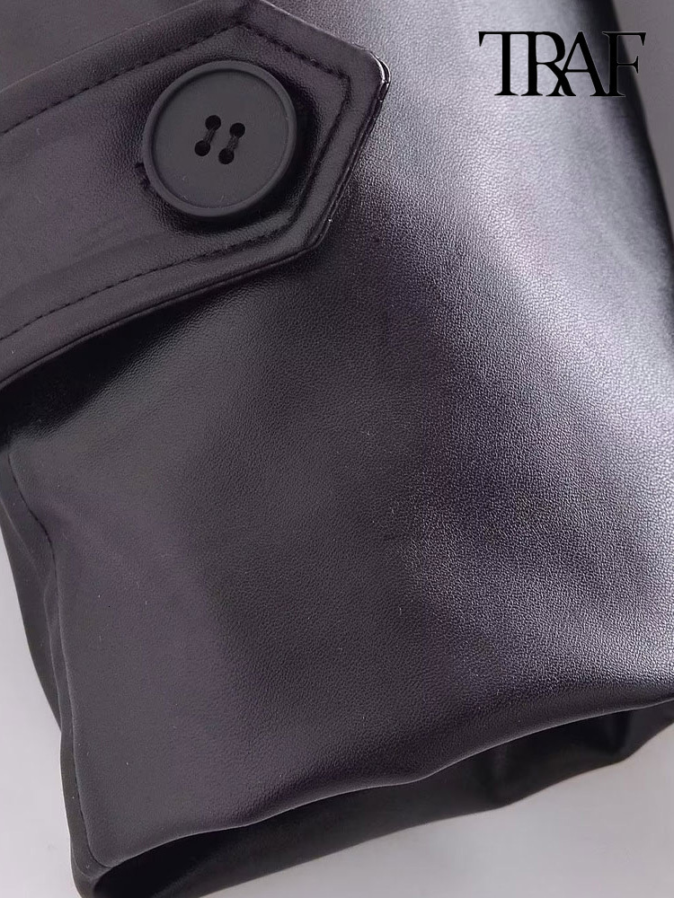 Women's Trench Coats TRAF Women Fashion With Belt Faux Leather Trench Coat Vintage Long Sleeve Flap Pockets Female Outerwear Chic Overcoat 230130