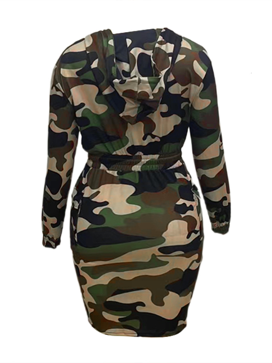 Plus size Dresses LW Size Camo Print Side Pocket Cargo V Neck Hooded Sweatshirt Long Sleeve Casual Womens LaceUp Pullover 230130