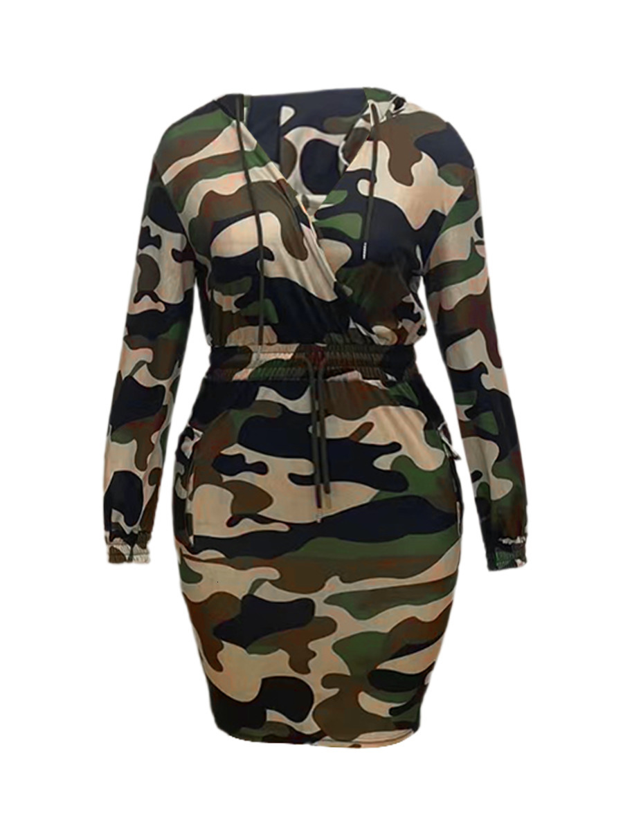 Plus size Dresses LW Size Camo Print Side Pocket Cargo V Neck Hooded Sweatshirt Long Sleeve Casual Womens LaceUp Pullover 230130