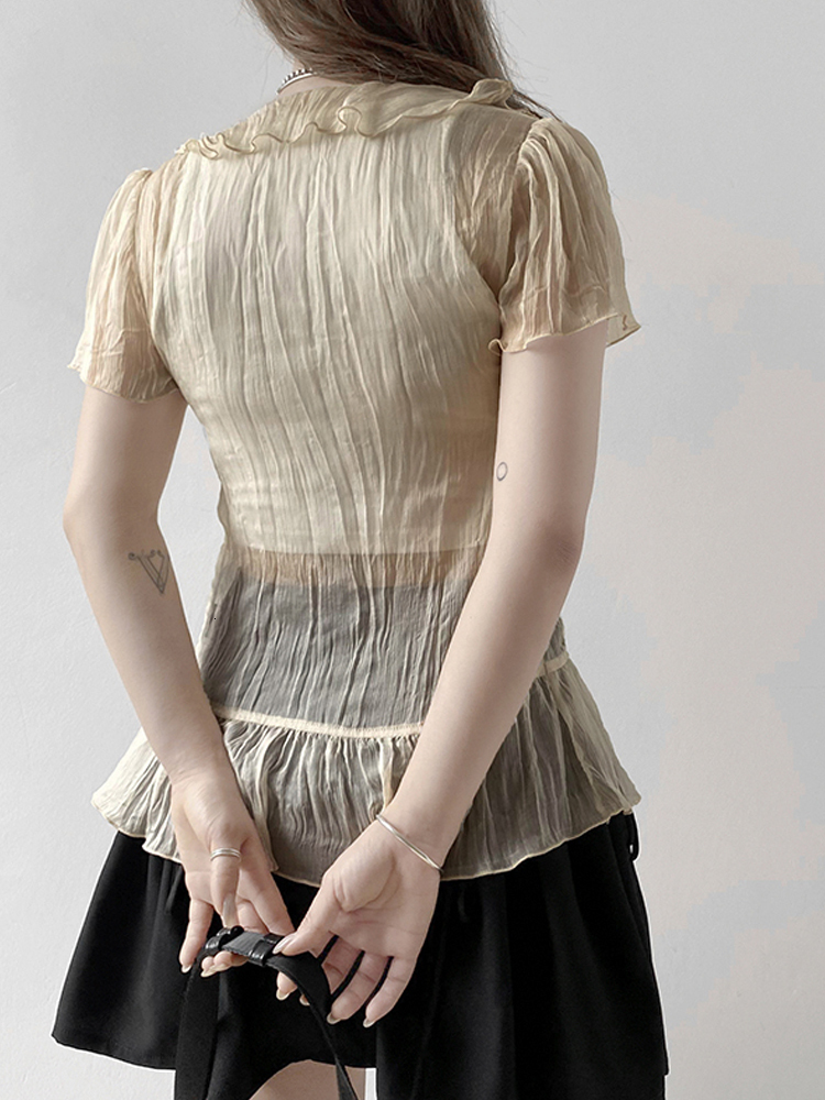 Women's TShirt HEYounGIRL Mesh Transparent Short Sleeve Tshirt Ladies Summer See Through V Neck Ruffles Tee Women Drawstring T 230130