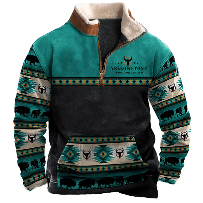 Men's Hoodies Sweatshirts Vintage Pattern Print Wool Lapel Men Casual Loose Long Sleeve Zipper Pullover 2023 Spring Mens Clothes Leisure Tops 230