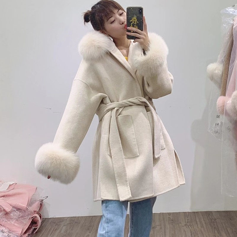 Women's Wool Blends Loose Hooded Wool Blended Autumn Coat Women With Real Fur Hood Trim Women Long Sleeve Female Wool Jacket With Hood With Fur 2