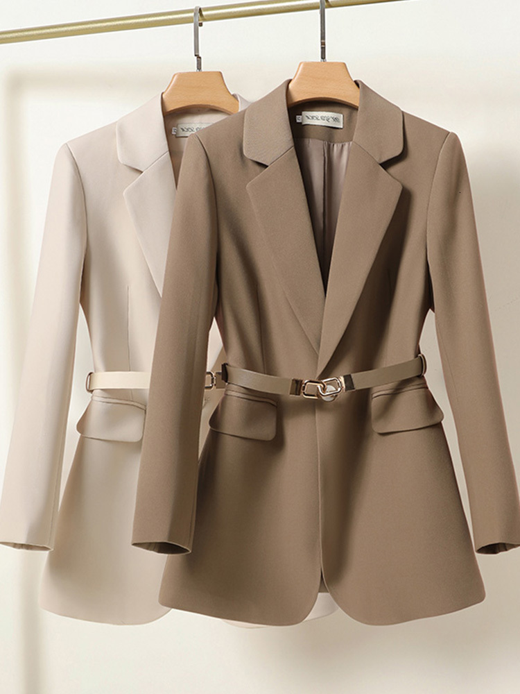 Womens Suits Blazers FTLZZ Spring Autumn Elegant Women Notched Collar Single Breasted Office Lady Long Sleeve Solid Coat with Belt 230130