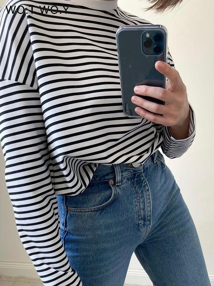 Women's TShirt WOTWOY Early Autumn Long Sleeve Striped Tshirt Women Casual Cotton Loose Basic Tee Shirt Female Cozy Soft Tops Harajuku 230130